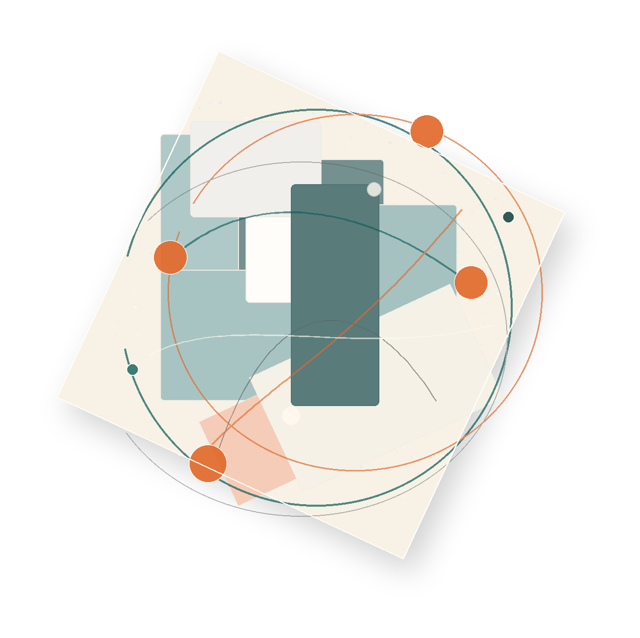 Abstract geometric illustration of overlapping shapes and orbital lines.